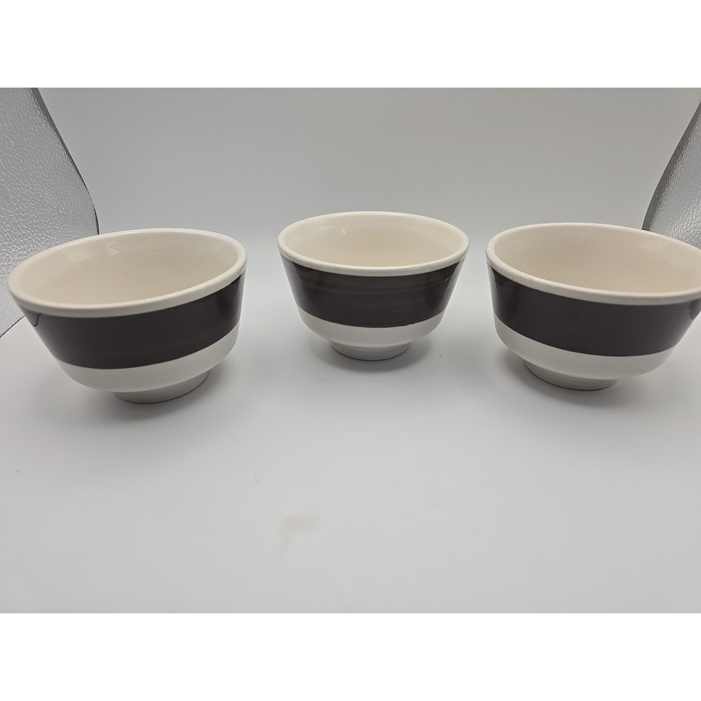 Lot Of 3 HLC Homer Laughlin China Ramekin Bowls White & Brown Faux Wood Edge Cup